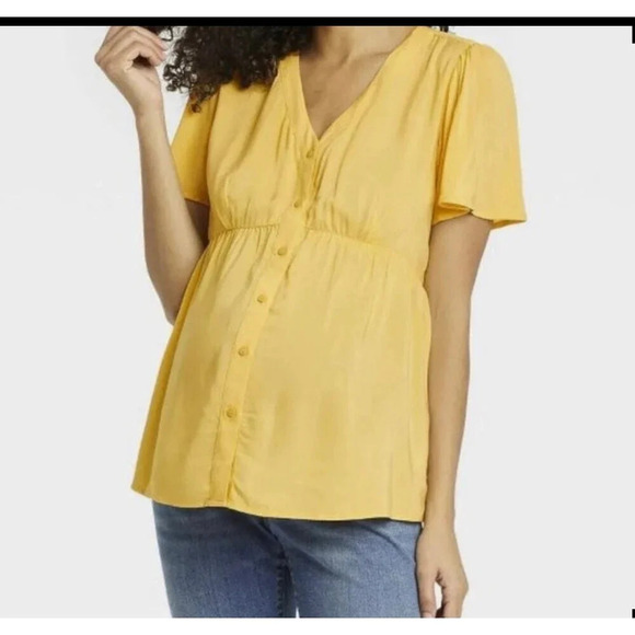 Isabel Maternity Short Sleeve V-Neck Button Front Top Yellow Sz M NWT - Picture 5 of 6